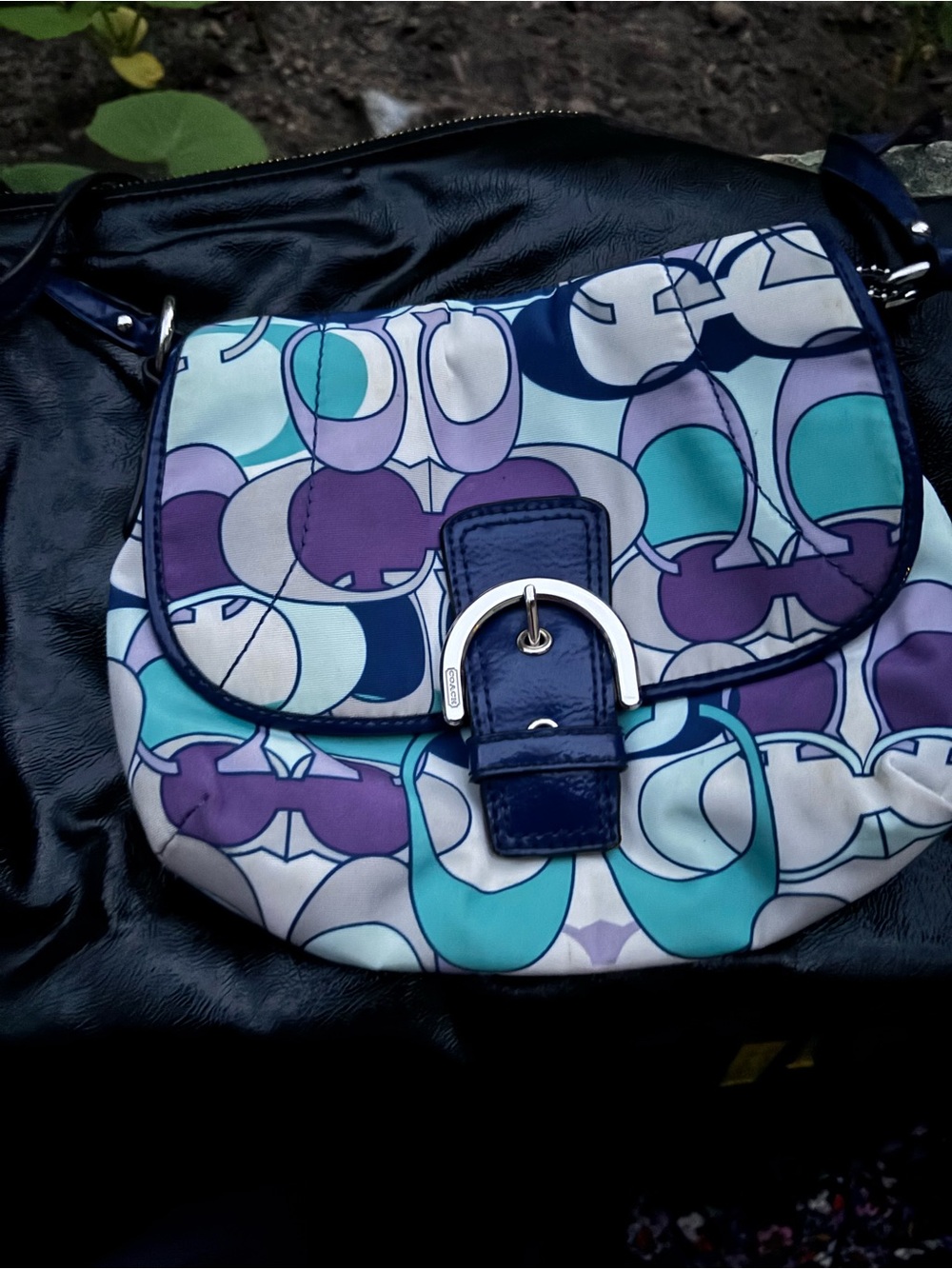 Coach Multicolor Signature Saddle Bag in Navy, Purple & Teal